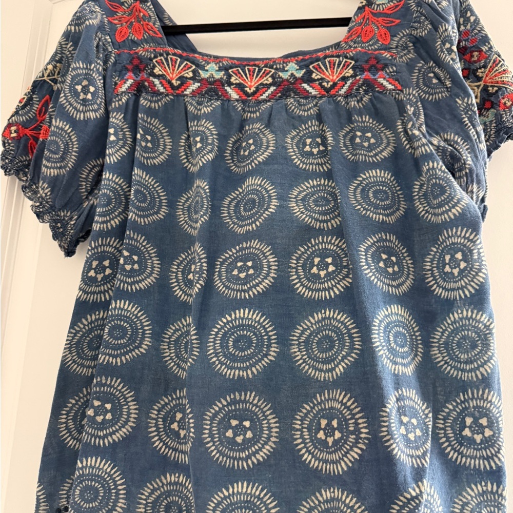 Johnny Was Blue Peasant Blouse with Red-Orange Embroidery - Picture 4 of 6